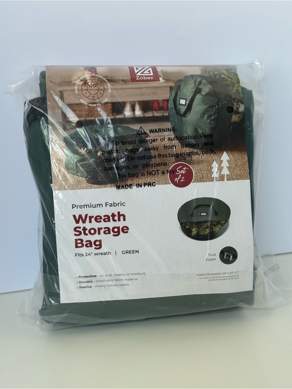 Zober Wreath Storage Bags Set of 2 Green 24” Holiday Storage NWT
